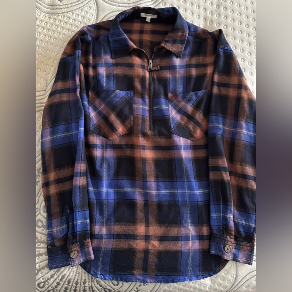 Maurices Half Zip Blue and Tan Plaid Flannel Shirt